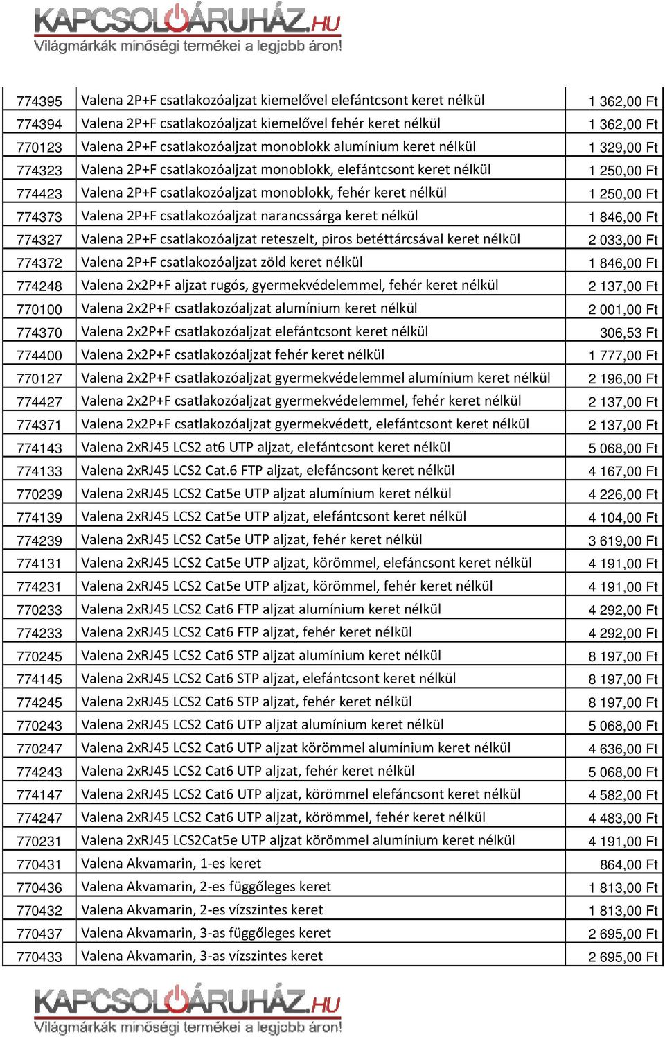 narancssárga keret nélkül 774327 Valena 2P+F csatlakozóaljzat reteszelt, piros betéttárcsával keret nélkül 774372 Valena 2P+F csatlakozóaljzat zöld keret nélkül 774248 Valena 2x2P+F aljzat rugós,