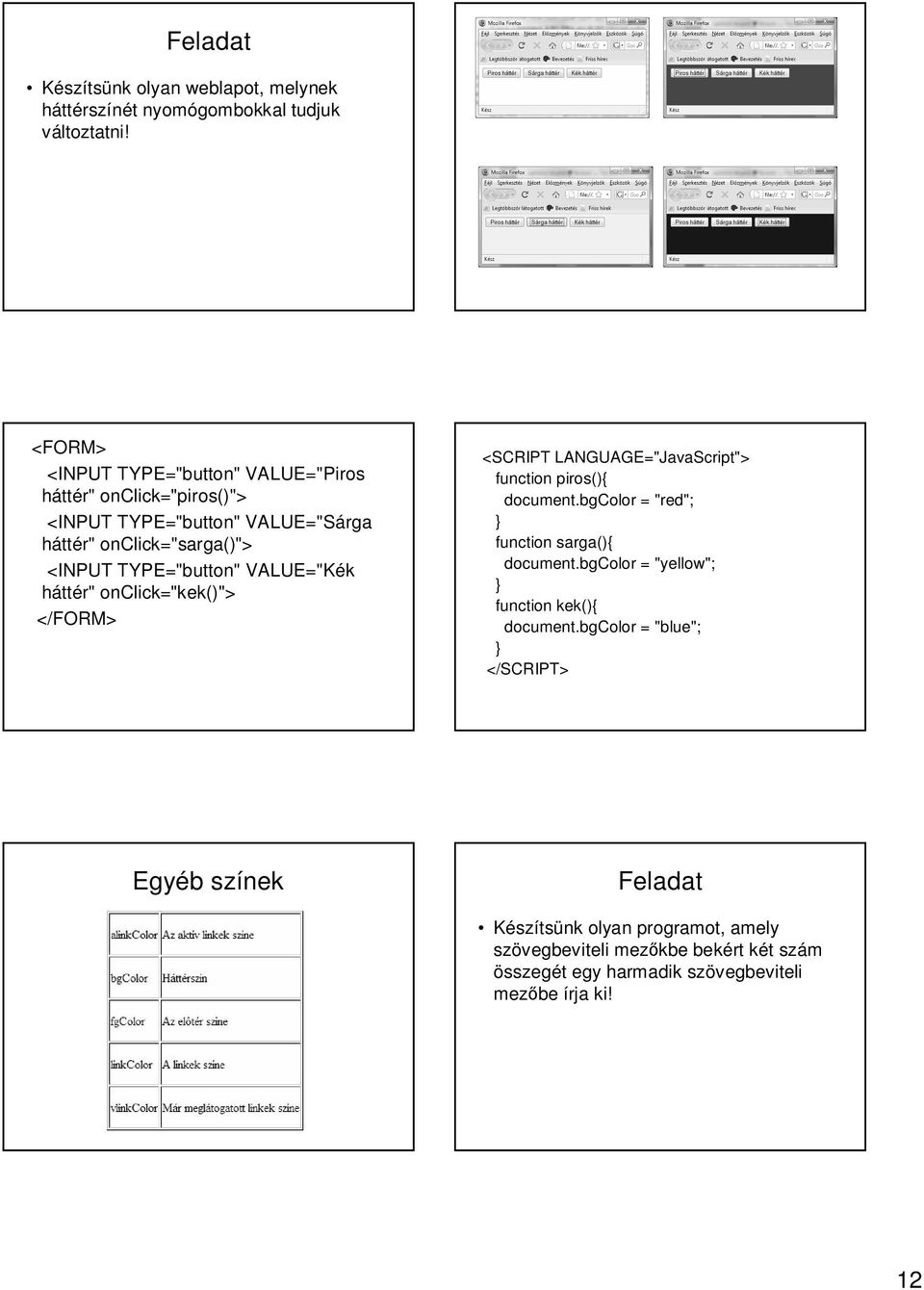 TYPE="button" VALUE="Kék háttér" onclick="kek()"> function piros(){ document.bgcolor = "red"; function sarga(){ document.