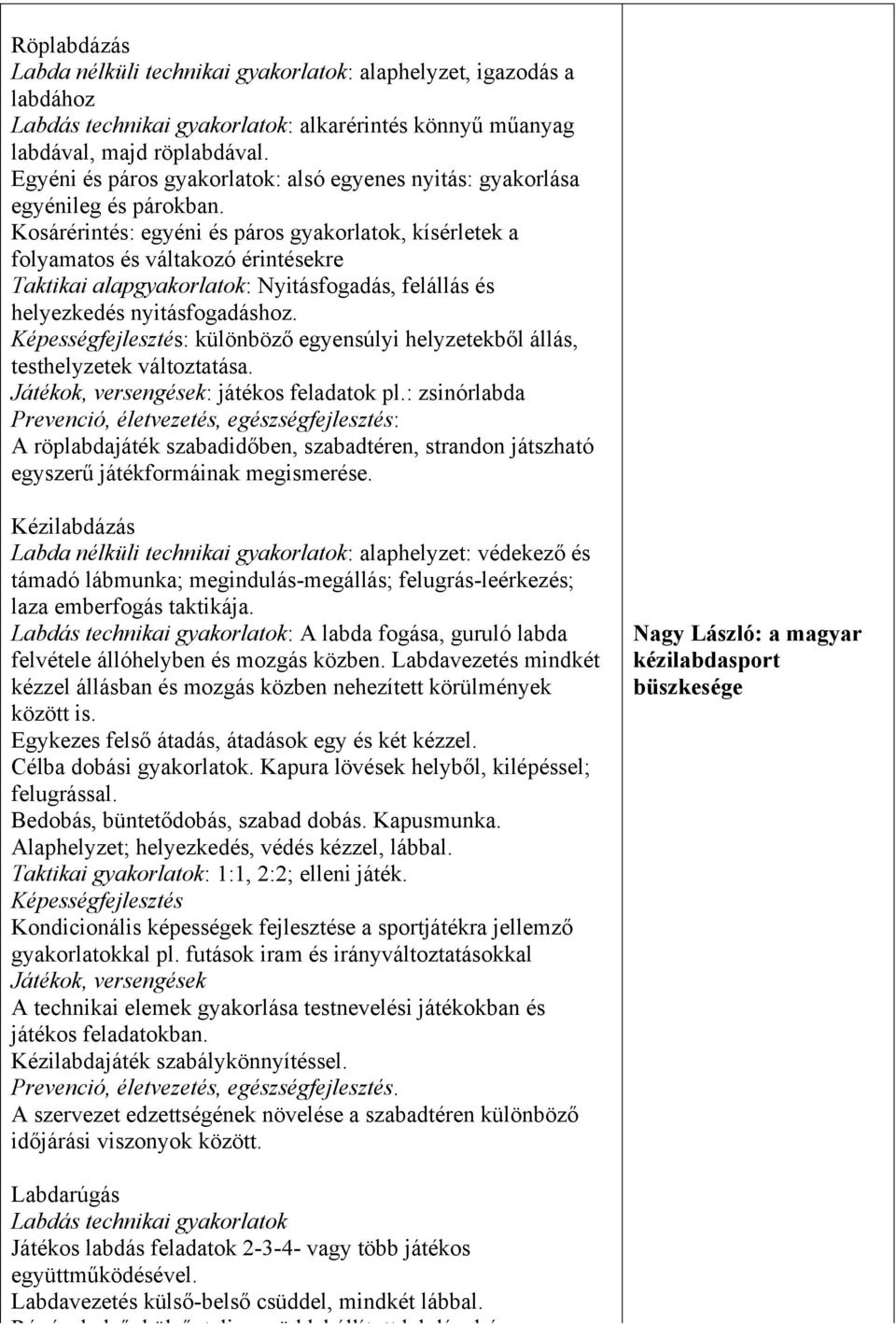 Kosárérintés: egyéni és páros gyakorlatok, kísérletek a folyamatos és váltakozó érintésekre Taktikai alapgyakorlatok: Nyitásfogadás, felállás és helyezkedés nyitásfogadáshoz.