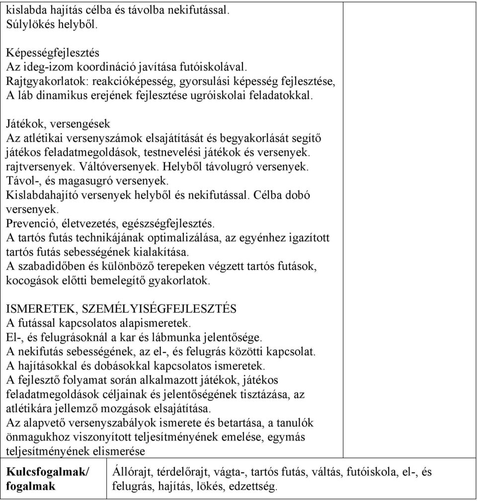 Játékok, versengések Az atlétikai versenyszámok elsajátítását és begyakorlását segítő játékos feladatmegoldások, testnevelési játékok és versenyek. rajtversenyek. Váltóversenyek.