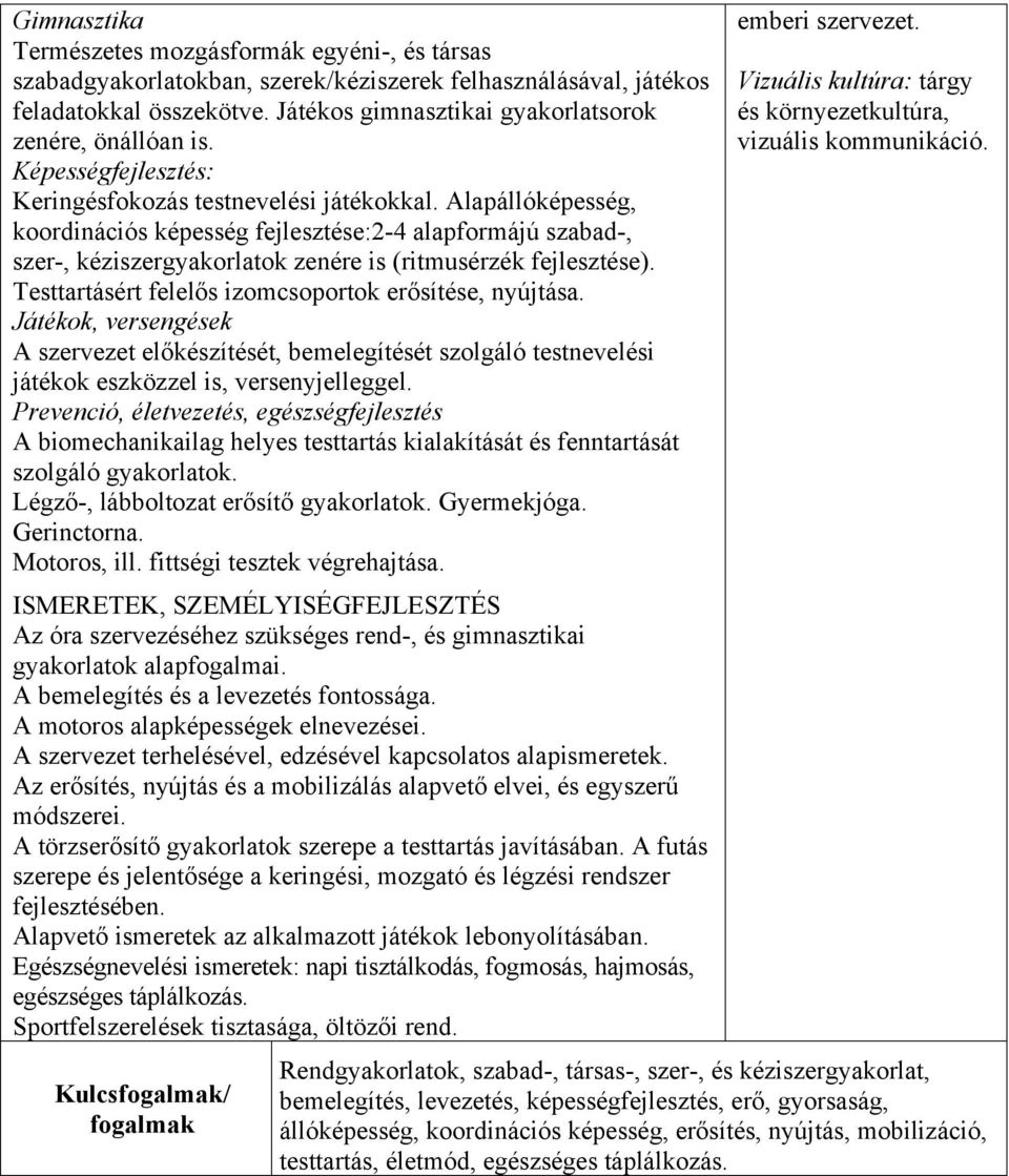 Alapállóképesség, koordinációs képesség fejlesztése:2-4 alapformájú szabad-, szer-, kéziszergyakorlatok zenére is (ritmusérzék fejlesztése). Testtartásért felelős izomcsoportok erősítése, nyújtása.