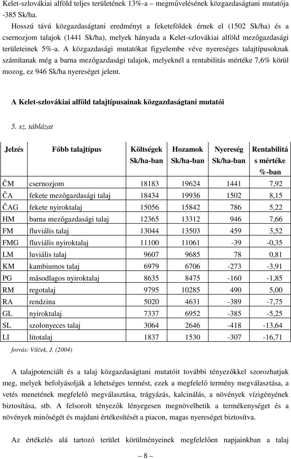 A közgazdasági mutatókat figyelembe véve nyereséges talajtípusoknak számítanak még a barna mezıgazdasági talajok, melyeknél a rentabilitás mértéke 7,6% körül mozog, ez 946 Sk/ha nyereséget jelent.