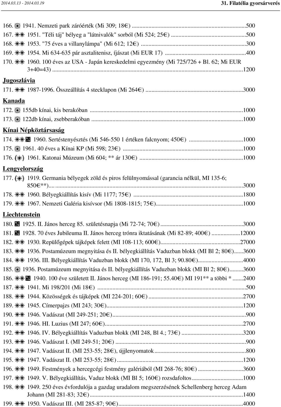 Összeállítás 4 stecklapon (Mi 264 )...3000 Kanada 172. 155db kínai, kis berakóban...1000 173. 122db kínai, zsebberakóban...1000 Kínai Népköztársaság 174. 1960.