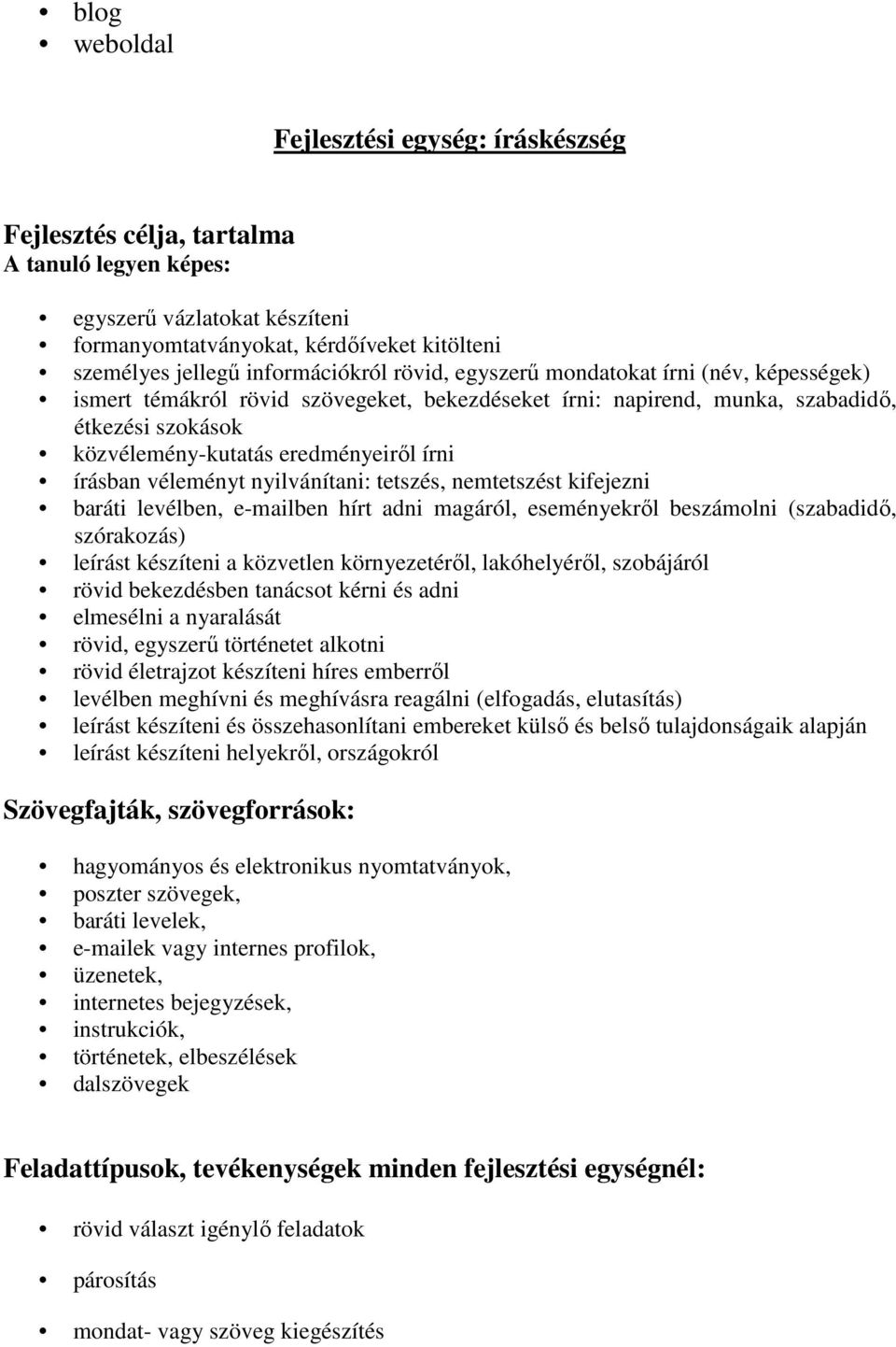 írni írásban véleményt nyilvánítani: tetszés, nemtetszést kifejezni baráti levélben, e-mailben hírt adni magáról, eseményekről beszámolni (szabadidő, szórakozás) leírást készíteni a közvetlen