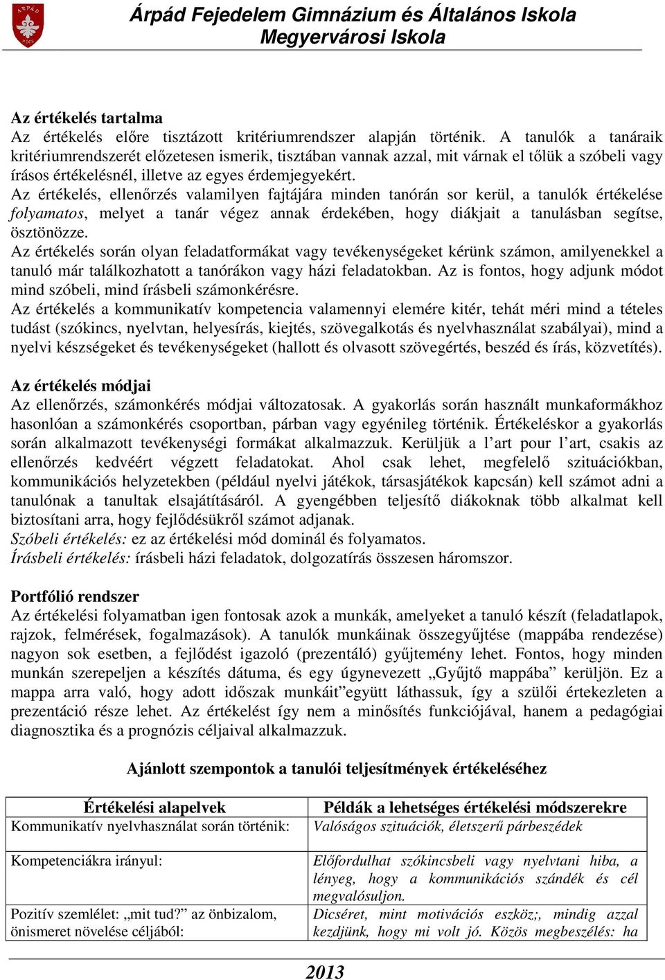 Az értékelés, ellenőrzés valamilyen fajtájára minden tanórán sor kerül, a tanulók értékelése folyamatos, melyet a tanár végez annak érdekében, hogy diákjait a tanulásban segítse, ösztönözze.