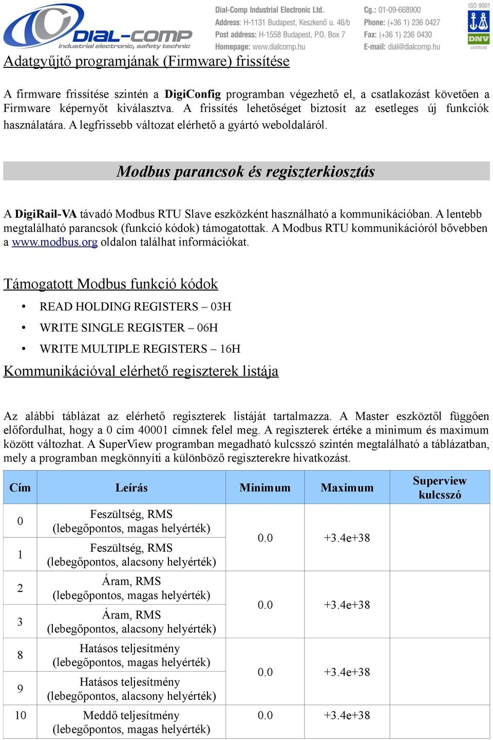 Modbus parancsok és regiszterkiosztás A DigiRail-VA távadó Modbus RTU Slave eszközként használható a kommunikációban. A lentebb megtalálható parancsok (funkció kódok) támogatottak.