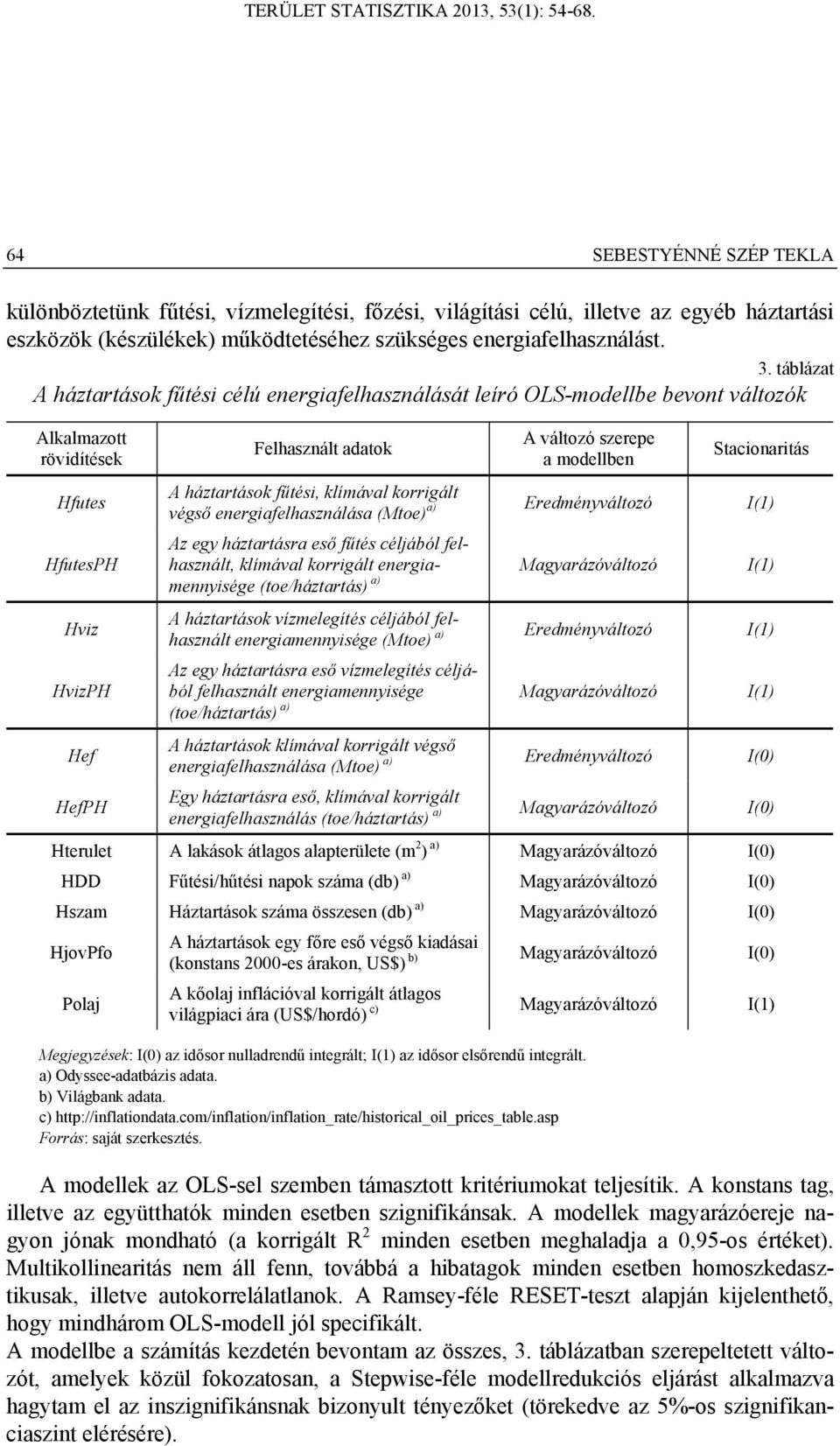 modellben Stacionaritás A háztartások fűtési, klímával korrigált végső energiafelhasználása (Mtoe) a) Eredményváltozó I(1) Az egy háztartásra eső fűtés céljából felhasznált, klímával korrigált