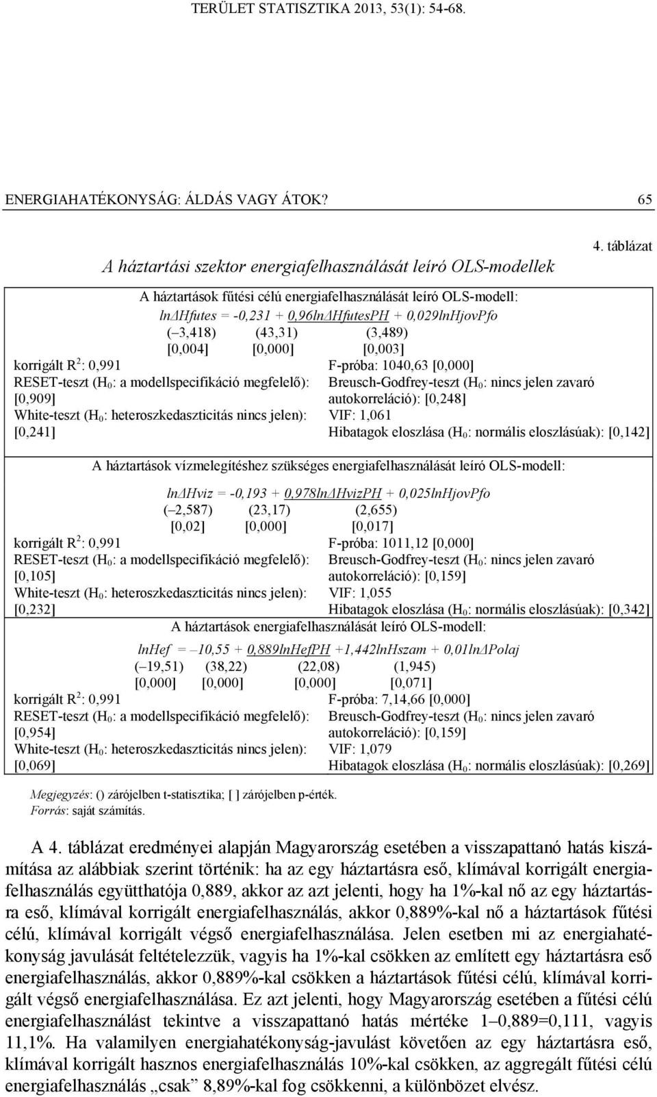 (43,31) (3,489) [0,004] [0,000] [0,003] korrigált R 2 : 0,991 RESET-teszt (H 0 : a modellspecifikáció megfelelő): [0,909] White-teszt (H 0 : heteroszkedaszticitás nincs jelen): [0,241] 4.