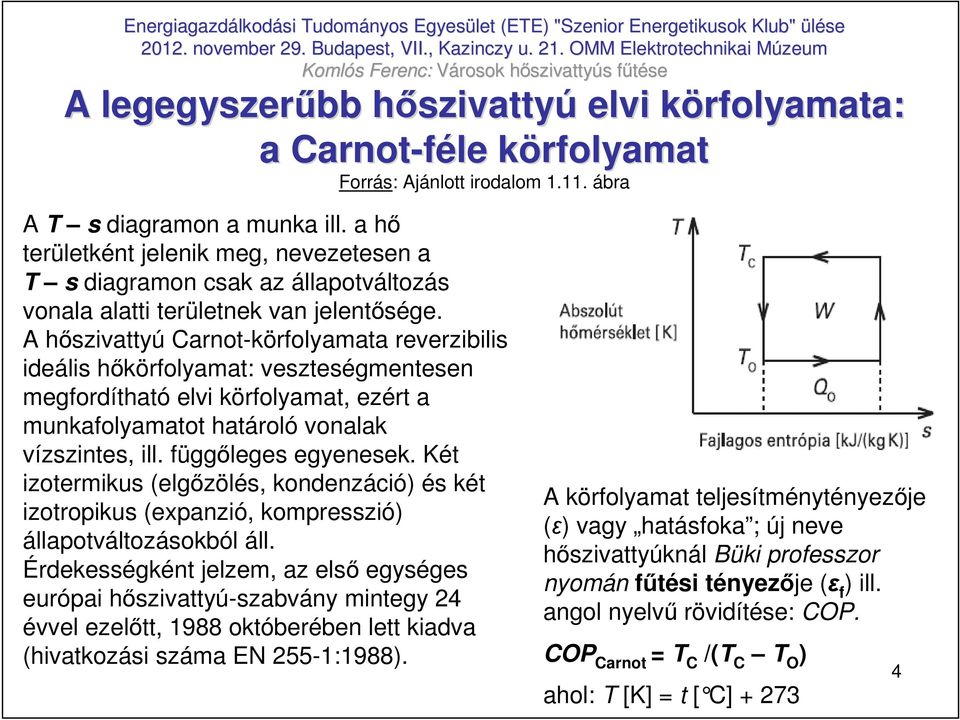 A hıszivattyú Carnot-körfolyamata reverzibilis ideális hıkörfolyamat: veszteségmentesen megfordítható elvi körfolyamat, ezért a munkafolyamatot határoló vonalak vízszintes, ill. függıleges egyenesek.