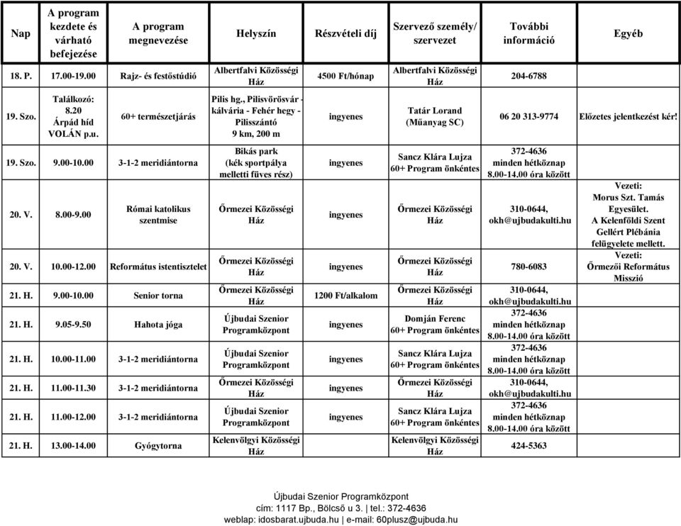 00 3-1-2 meridiántorna 20. V. 8.00-9.00 Római katolikus szentmise 20. V. 10.00-12.00 Református istentisztelet 21. H. 9.00-10.00 Senior torna 21. H. 9.05-9.50 Hahota jóga 21. H. 10.00-11.