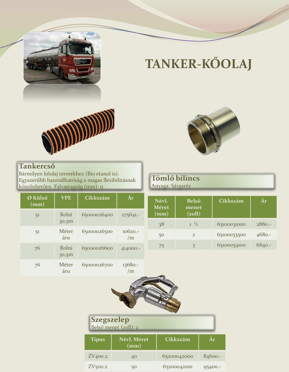 - /m 65000026600 414000.- 65000026700 13680.- /m Tömlő bilincs Anyaga: Sárgaréz Névl. Méret Belső menet 38 1 ½ 65100031000 2880.