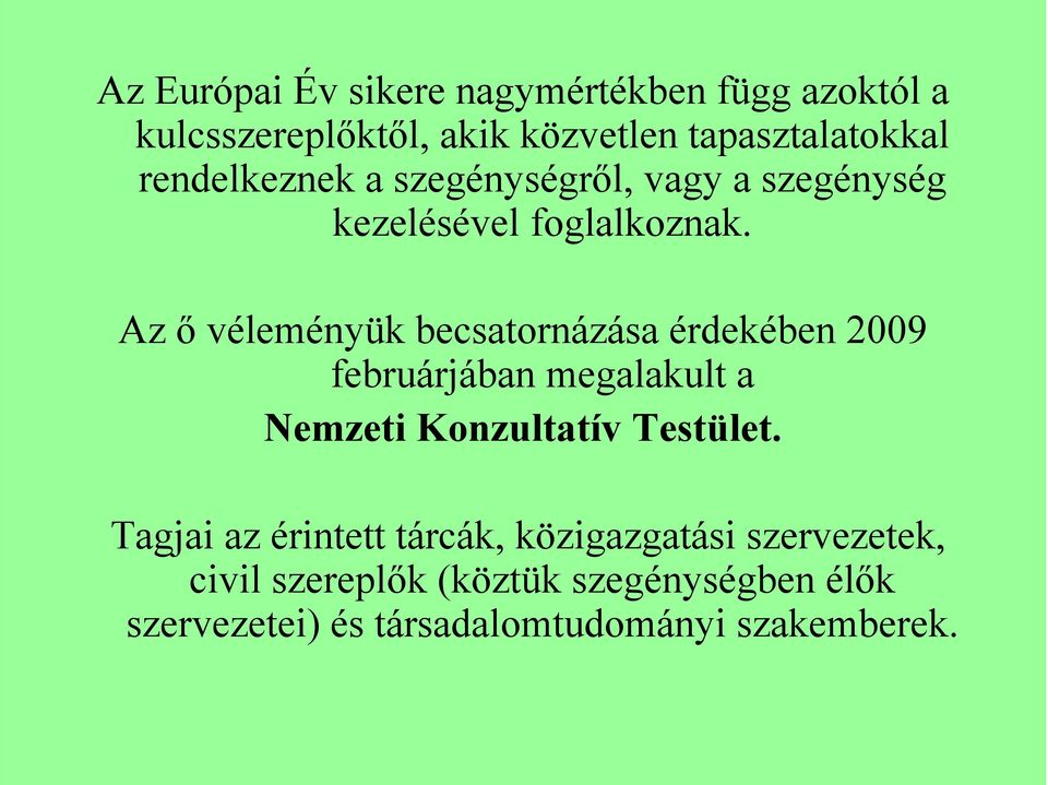 Az ő véleményük becsatornázása érdekében 2009 februárjában megalakult a Nemzeti Konzultatív Testület.