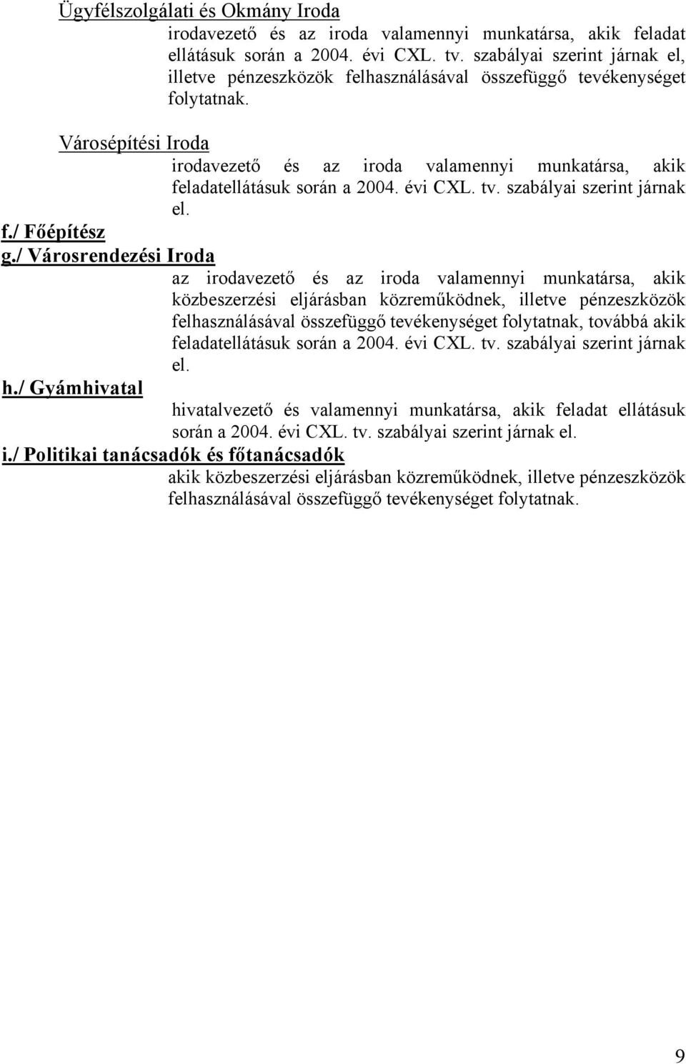 Városépítési Iroda irodavezető és az iroda valamennyi munkatársa, akik feladatellátásuk során a 2004. évi CXL. tv. szabályai szerint járnak el. f./ Főépítész g.