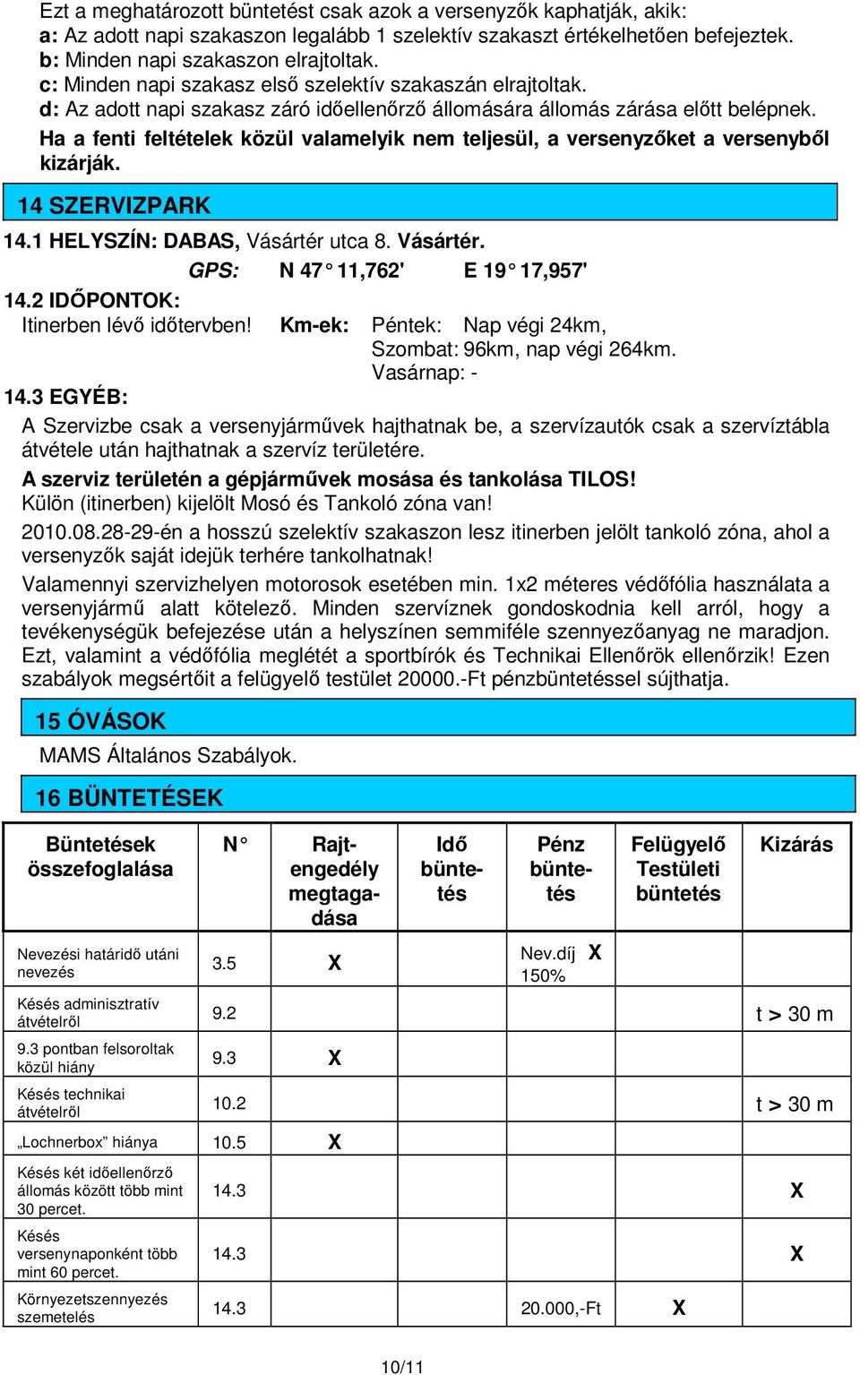 Ha a fenti feltételek közül valamelyik nem teljesül, a versenyzőket a versenyből kizárják. 14 SZERVIZPARK 14.1 HELYSZÍN: DABAS, Vásártér utca 8. Vásártér. 14.2 IDŐPONTOK: Itinerben lévő időtervben!