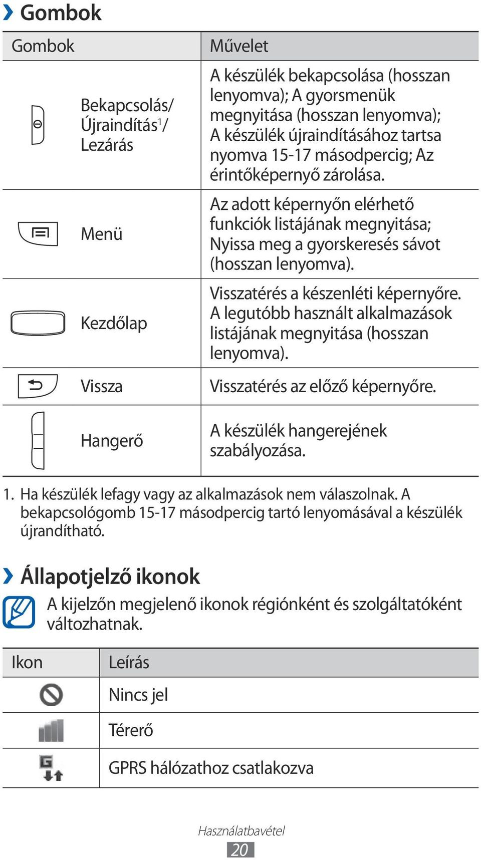 Visszatérés a készenléti képernyőre. A legutóbb használt alkalmazások listájának megnyitása (hosszan lenyomva). Visszatérés az előző képernyőre. A készülék hangerejének szabályozása.