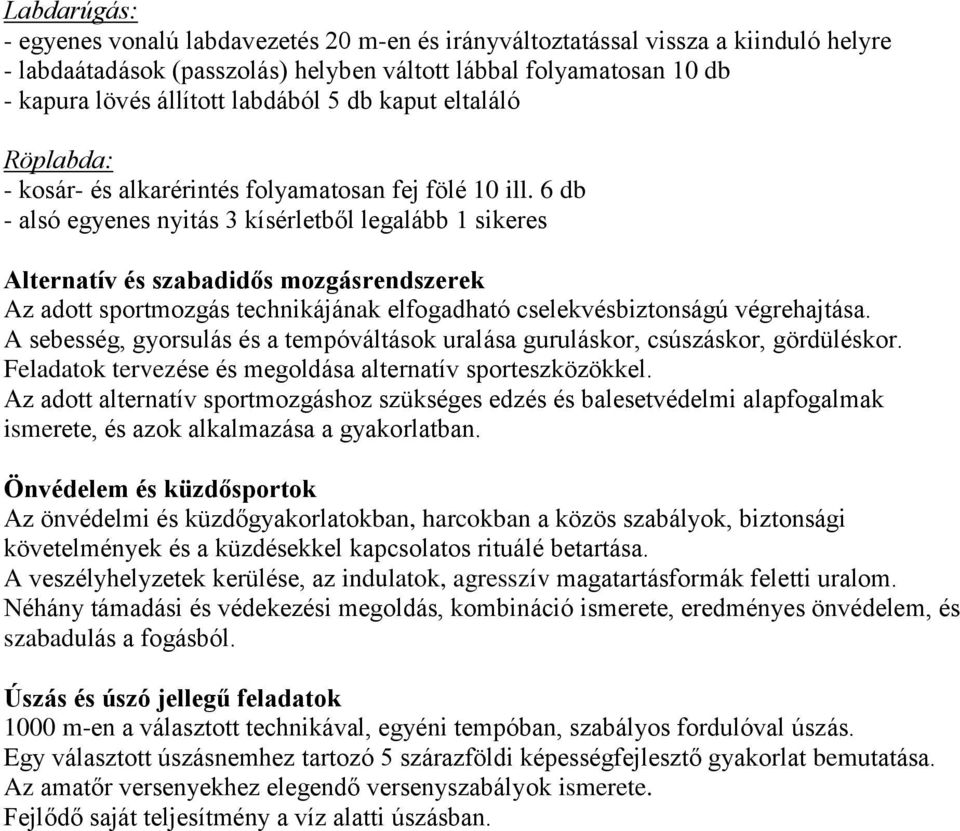 6 db - alsó egyenes nyitás 3 kísérletből legalább 1 sikeres Alternatív és szabadidős mozgásrendszerek Az adott sportmozgás technikájának elfogadható cselekvésbiztonságú végrehajtása.