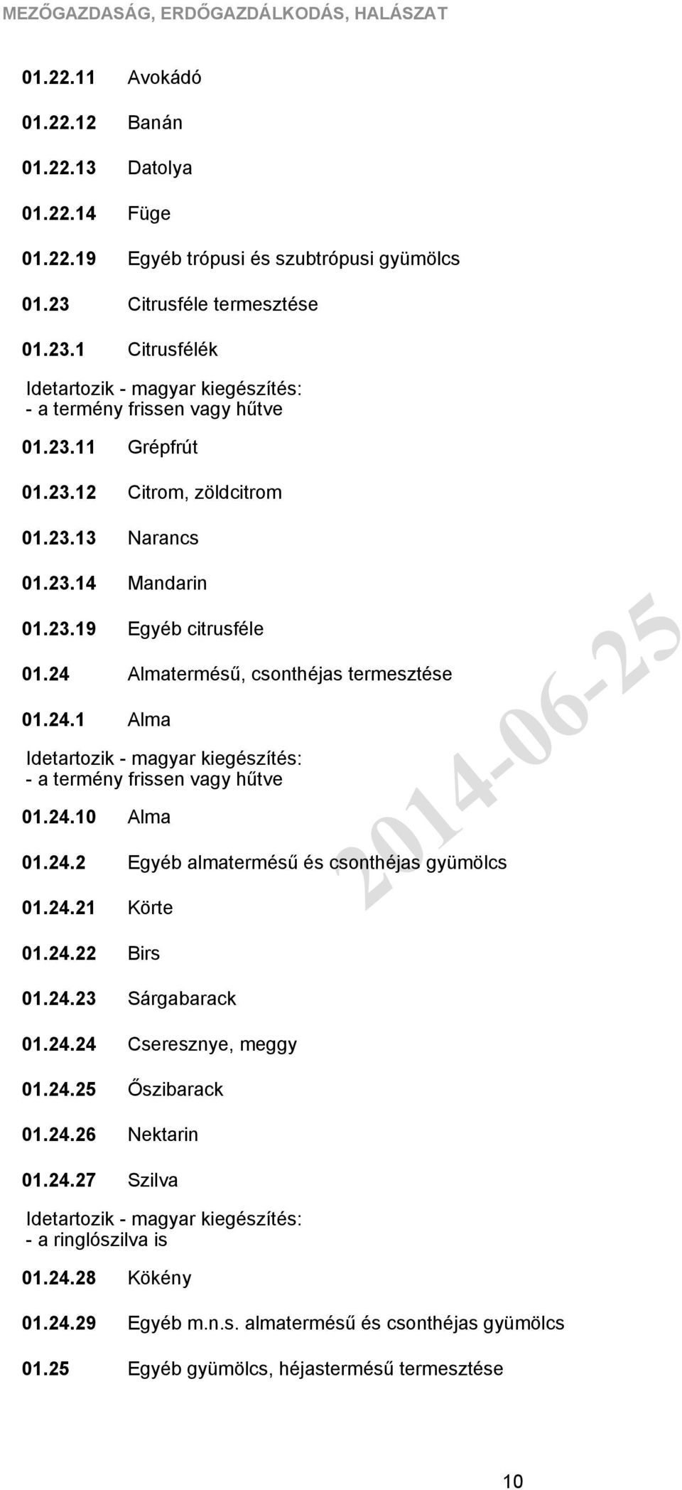 23.14 01.23.19 01.24 01.24.1 - a termény frissen vagy hűtve 01.24.10 01.24.2 01.24.21 Mandarin Egyéb citrusféle Almatermésű, csonthéjas termesztése Alma Alma Egyéb almatermésű és csonthéjas gyümölcs Körte 01.