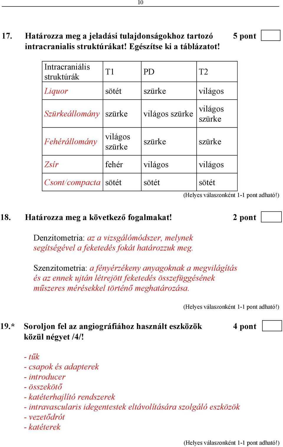 sötét sötét sötét 18. Határozza meg a következı fogalmakat! 2 pont Denzitometria: az a vizsgálómódszer, melynek segítségével a feketedés fokát határozzuk meg.