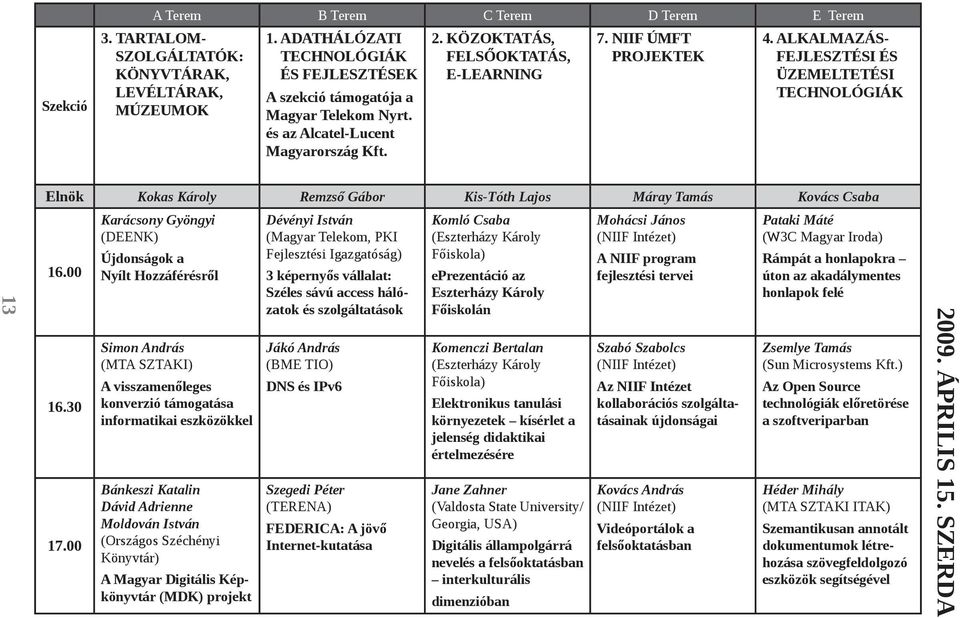 ALKALMAZÁS- FEJLESZTÉSI ÉS ÜZEMELTETÉSI TECHNOLÓGIÁK 13 Elnök Kokas Károly Remzső Gábor Kis-Tóth Lajos Máray Tamás Kovács Csaba 16.00 16.30 17.