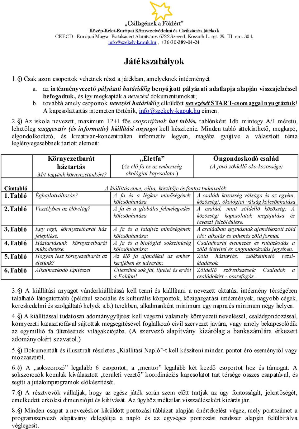 továbbá amely csoportok nevezési határidőig elküldött nevezését START-csomaggal nyugtáztuk! A kapcsolattartás interneten történik, info@szekely-kapuk.hu címen. 2.