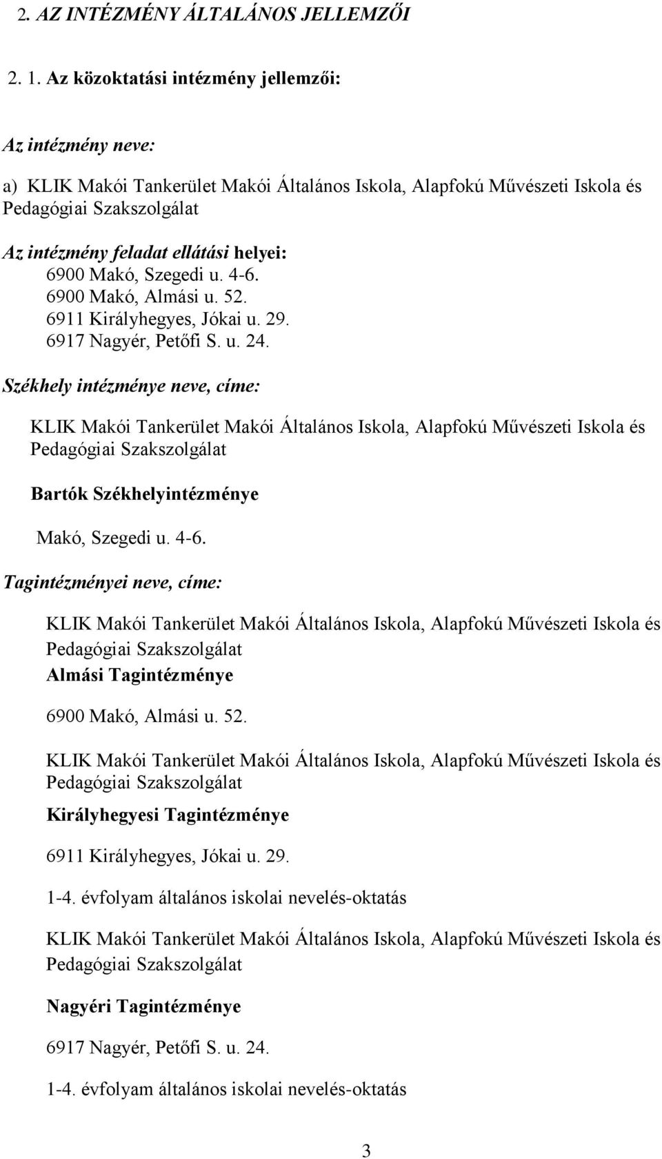 6900 Makó, Szegedi u. 4-6. 6900 Makó, Almási u. 52. 6911 Királyhegyes, Jókai u. 29. 6917 Nagyér, Petőfi S. u. 24.