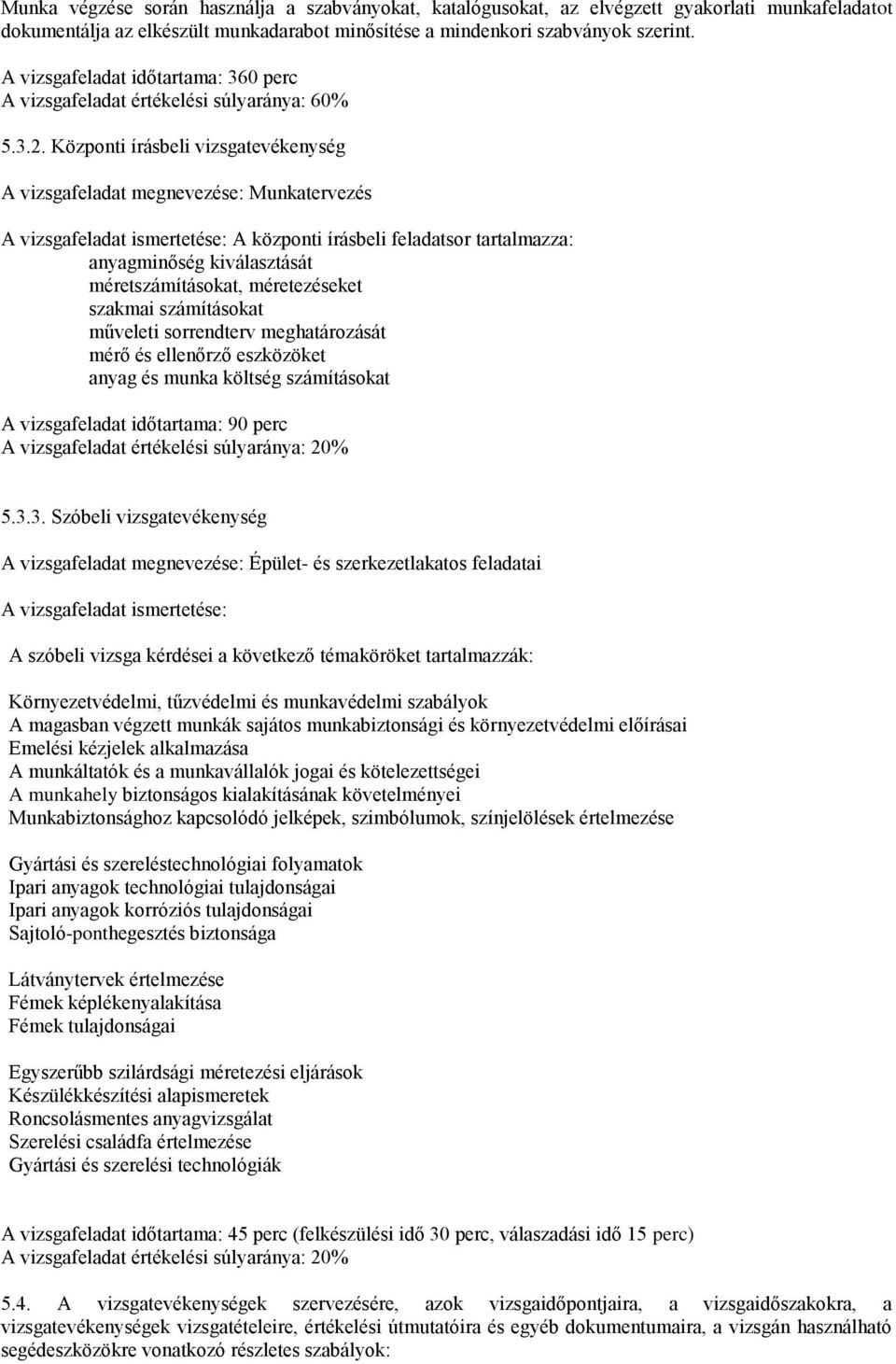 Központi írásbeli vizsgatevékenység A vizsgafeladat megnevezése: Munkatervezés A vizsgafeladat ismertetése: A központi írásbeli feladatsor tartalmazza: anyagminőség kiválasztását méretszámításokat,