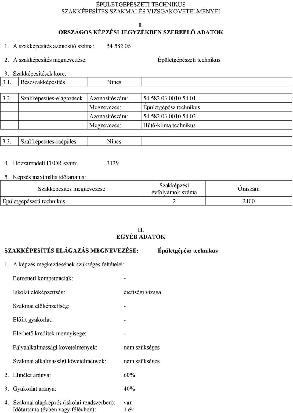 Szakképesítés-elágazások Azonosítószám: 54 582 06 0010 54 01 Megnevezés: Épületgépész technikus Azonosítószám: 54 582 06 0010 54 02 Megnevezés: Hűtő-klíma technikus 3.3. Szakképesítés-ráépülés Nincs 4.