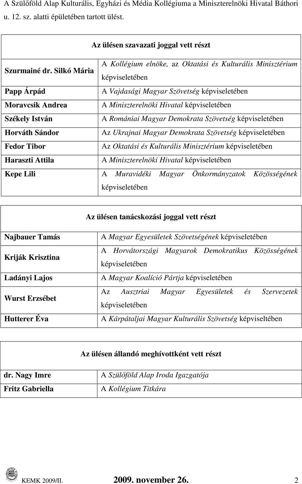Székely István A Romániai Magyar Demokrata Szövetség képviseletében Horváth Sándor Az Ukrajnai Magyar Demokrata Szövetség képviseletében Fedor Tibor Az Oktatási és Kulturális Minisztérium