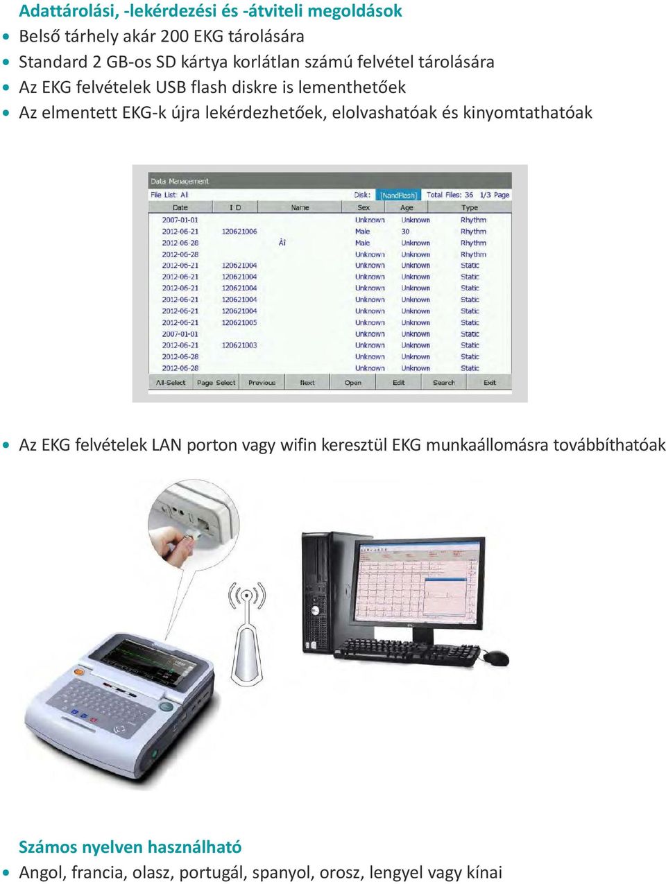 újra lekérdezhetőek, elolvashatóak és kinyomtathatóak Az EKG felvételek LAN porton vagy wifin keresztül EKG