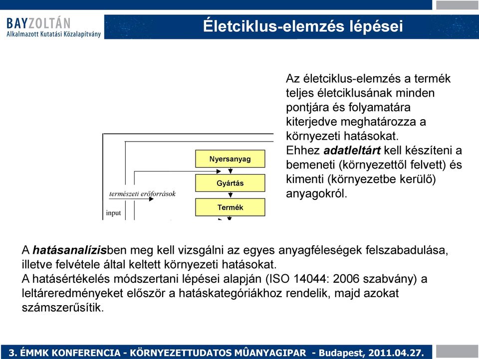 kibocsátások output Használat használat A hatásanalízisben meg kell vizsgálni az egyes anyagféleségek felszabadulása, ismételt Újrahasználat illetve felvétele által keltett környezeti hatásokat.
