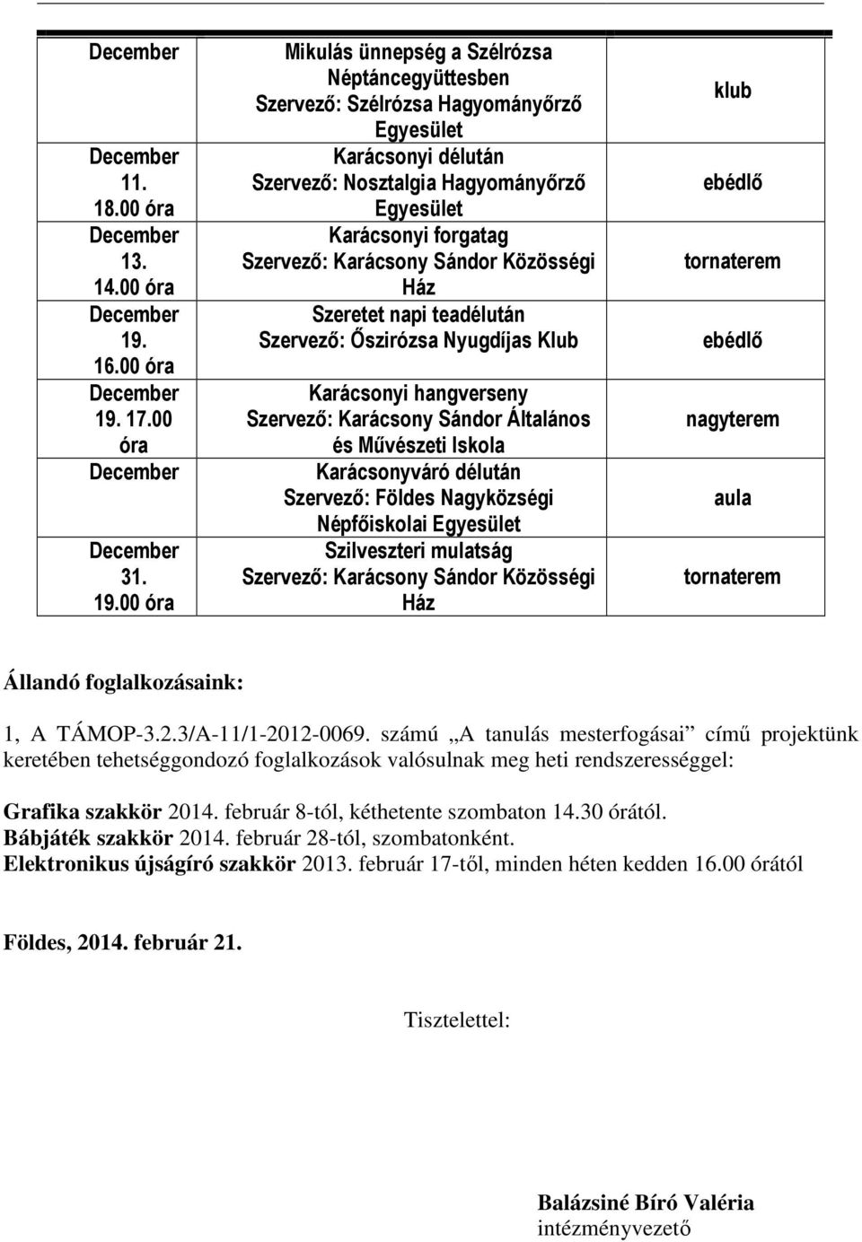 00 óra Mikulás ünnepség a Szélrózsa Néptáncegyüttesben Szervező: Szélrózsa Hagyományőrző Karácsonyi délután Szervező: Nosztalgia Hagyományőrző Karácsonyi forgatag Szeretet napi teadélután Karácsonyi