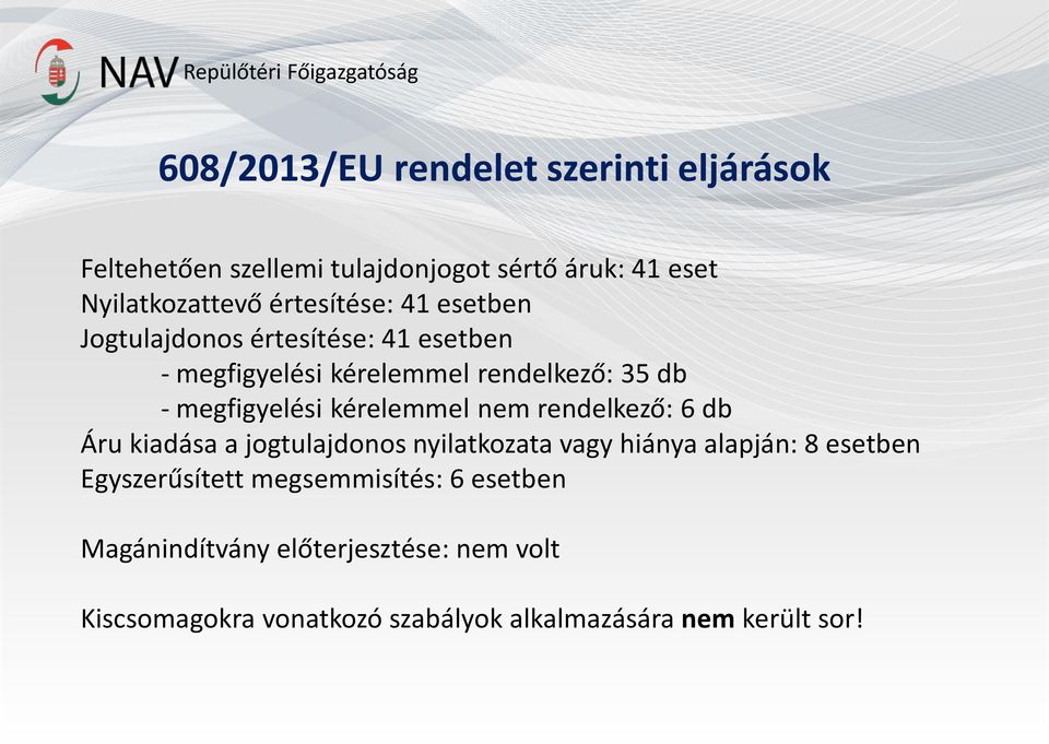 kérelemmel nem rendelkező: 6 db Áru kiadása a jogtulajdonos nyilatkozata vagy hiánya alapján: 8 esetben Egyszerűsített