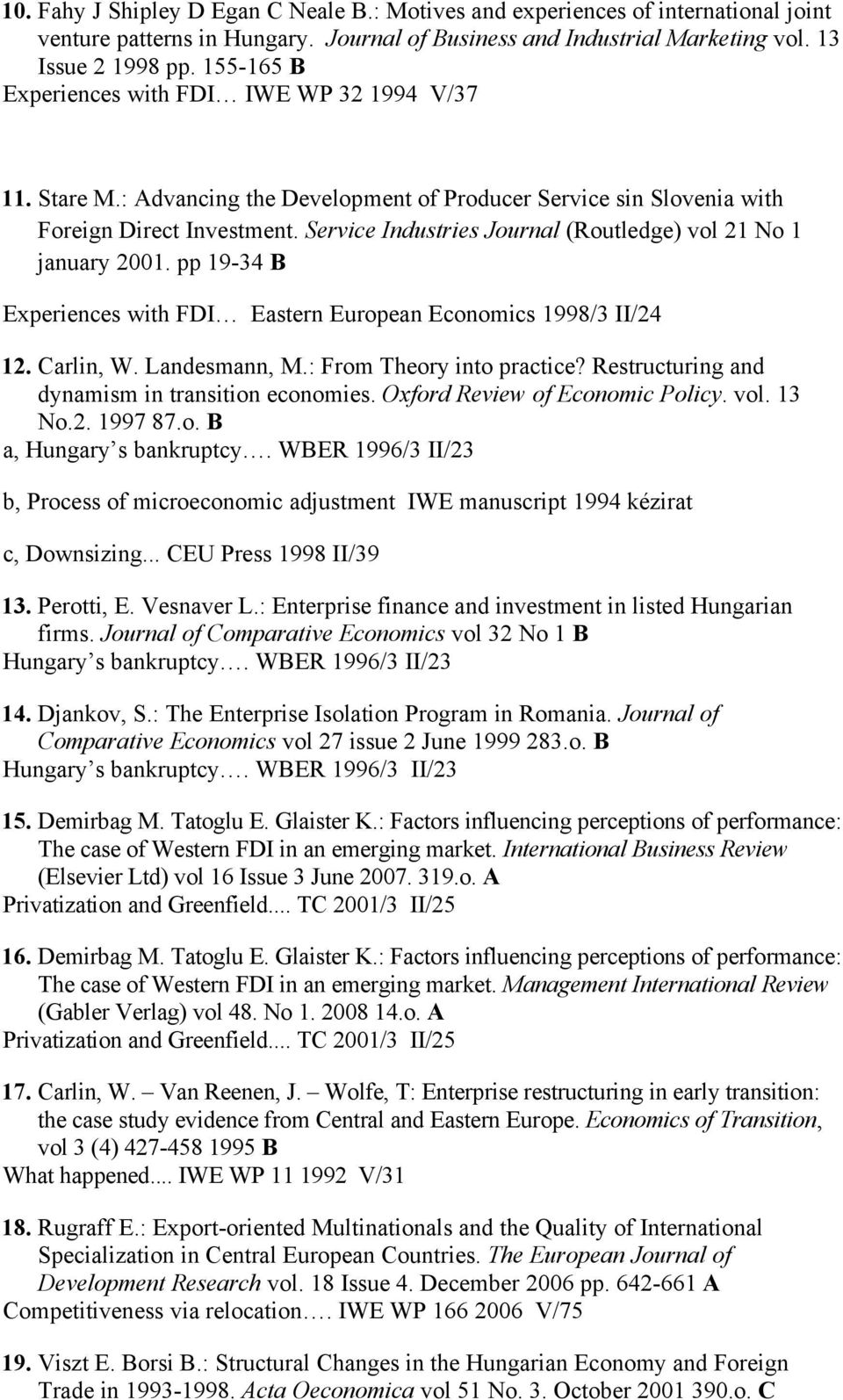 Service Industries Journal (Routledge) vol 21 No 1 january 2001. pp 19-34 B Experiences with FDI Eastern European Economics 1998/3 II/24 12. Carlin, W. Landesmann, M.: From Theory into practice?
