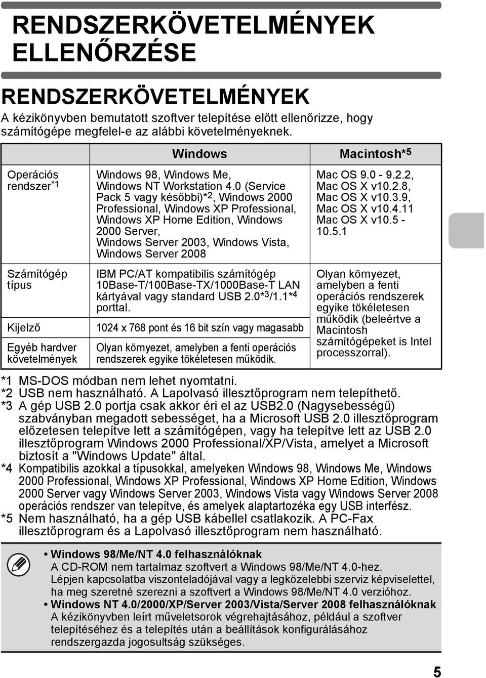 0 (Service Pack 5 vagy későbbi)* 2, Windows 2000 Professional, Windows XP Professional, Windows XP Home Edition, Windows 2000 Server, Windows Server 2003, Windows Vista, Windows Server 2008 IBM PC/AT