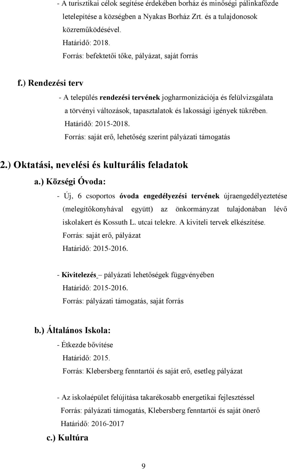 ) Rendezési terv - A település rendezési tervének jogharmonizációja és felülvizsgálata a törvényi változások, tapasztalatok és lakossági igények tükrében. Határidő: 2015-2018.
