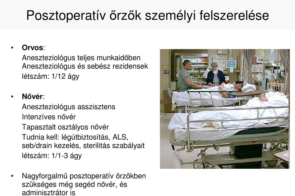 Intenzíves nıvér Tapasztalt osztályos nıvér Tudnia kell: légútbiztosítás, ALS, seb/drain kezelés,