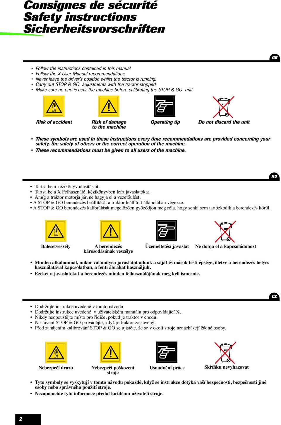 Risk of accident Risk of damage to the machine Operating tip Do not discard the unit These symbols are used in these instructions every time recommendations are provided concerning your safety, the