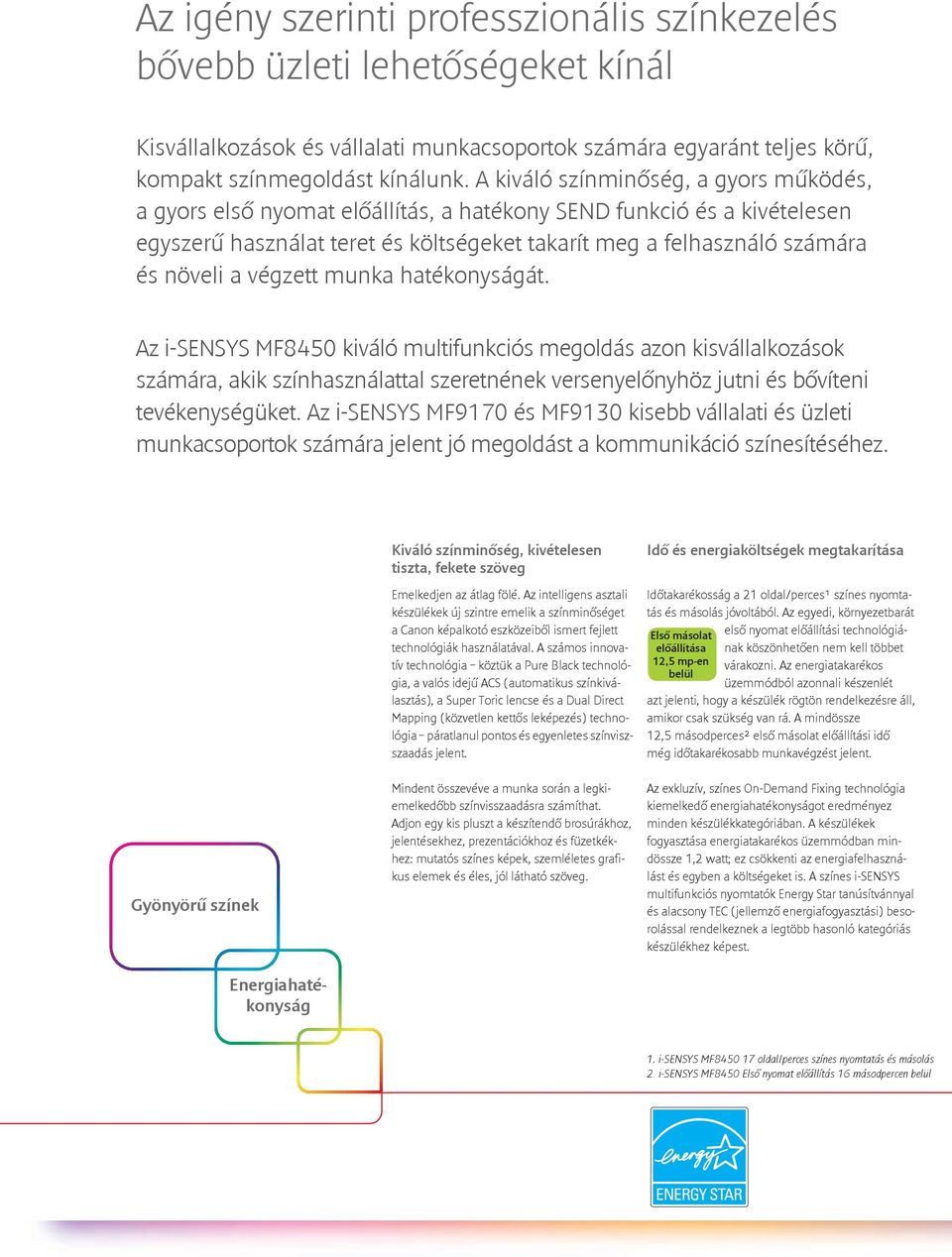 végzett munka hatékonyságát. Az i-sensys MF8450 kiváló multifunkciós megoldás azon kisvállalkozások számára, akik színhasználattal szeretnének versenyelőnyhöz jutni és bővíteni tevékenységüket.