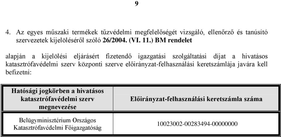 központi szerve előirányzat-felhasználási keretszámlája javára kell befizetni: Hatósági jogkörben a hivatásos katasztrófavédelmi