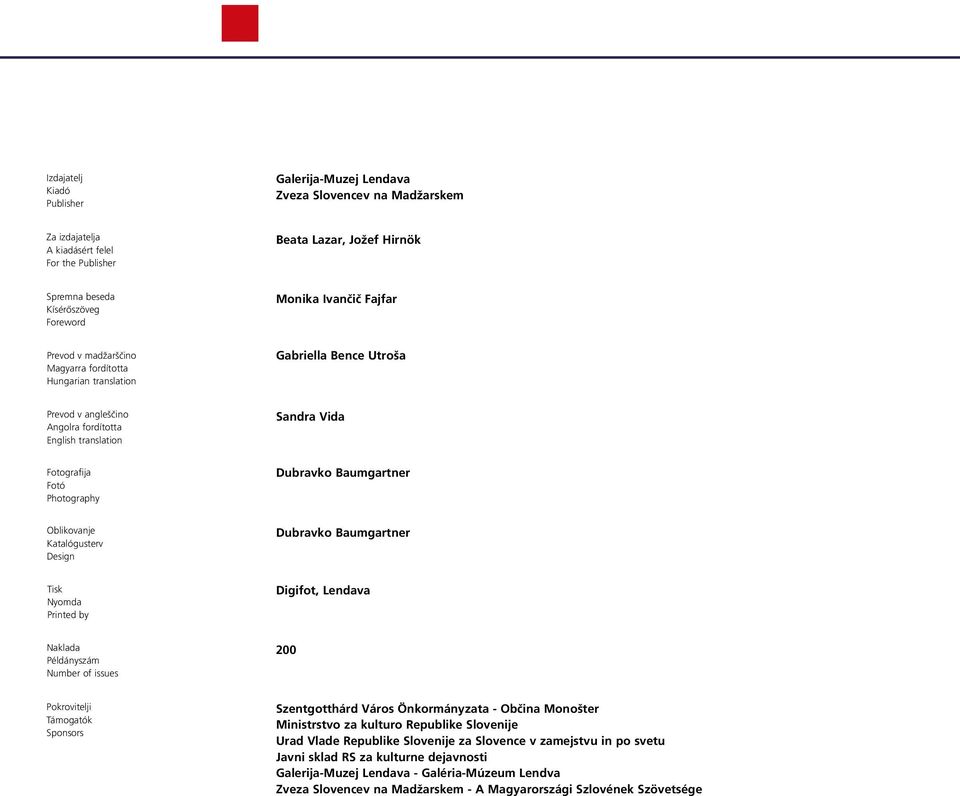 Sandra Vida Dubravko Baumgartner Oblikovanje Katalógusterv Design Dubravko Baumgartner Tisk Nyomda Printed by Digifot, Lendava Naklada Példányszám Number of issues 200 Pokrovitelji Támogatók Sponsors
