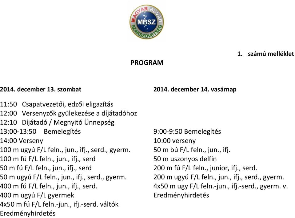 verseny 100 m ugyú F/L feln., jun., ifj., serd., gyerm. 50 m bú F/L feln., jun., ifj. 100 m fú F/L feln., jun., ifj., serd 50 m uszonyos delfin 50 m fú F/L feln., jun., ifj., serd 200 m fú F/L feln.