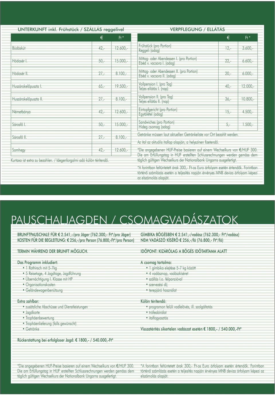 VERPFLEGUNG / EL LÁ TÁS Frühstück (pro Portion) Reg ge li (adag) Mittag- oder Abendessen I. (pro Portion) Ebéd v. va cso ra I. (adag) Mittag- oder Abendessen II. (pro Portion) Ebéd v. va cso ra II.