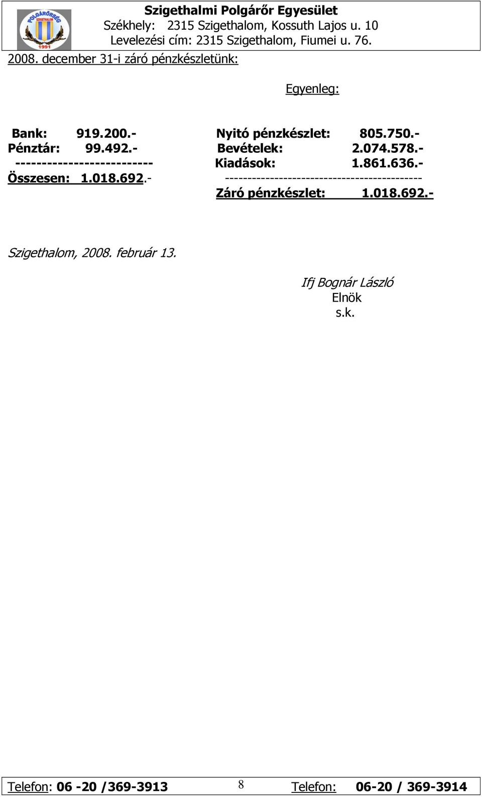 - Összesen: 1.018.692.- -------------------------------------------- Záró pénzkészlet: 1.018.692.- Szigethalom, 2008.