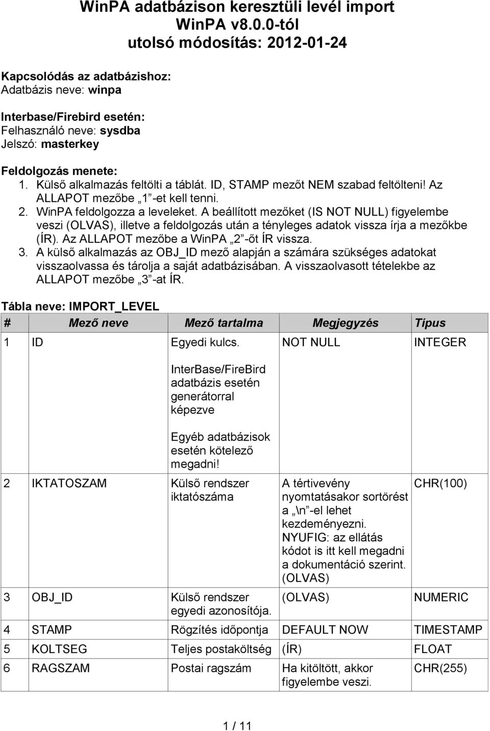 Külső alkalmazás feltölti a táblát. ID, STAMP mezőt NEM szabad feltölteni! Az ALLAPOT mezőbe 1 -et kell tenni. 2. WinPA feldolgozza a leveleket.