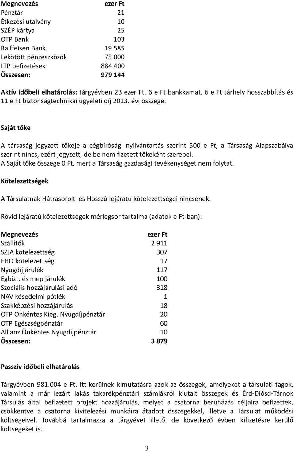 Saját tőke A társaság jegyzett tőkéje a cégbírósági nyilvántartás szerint 500 e Ft, a Társaság Alapszabálya szerint nincs, ezért jegyzett, de be nem fizetett tőkeként szerepel.