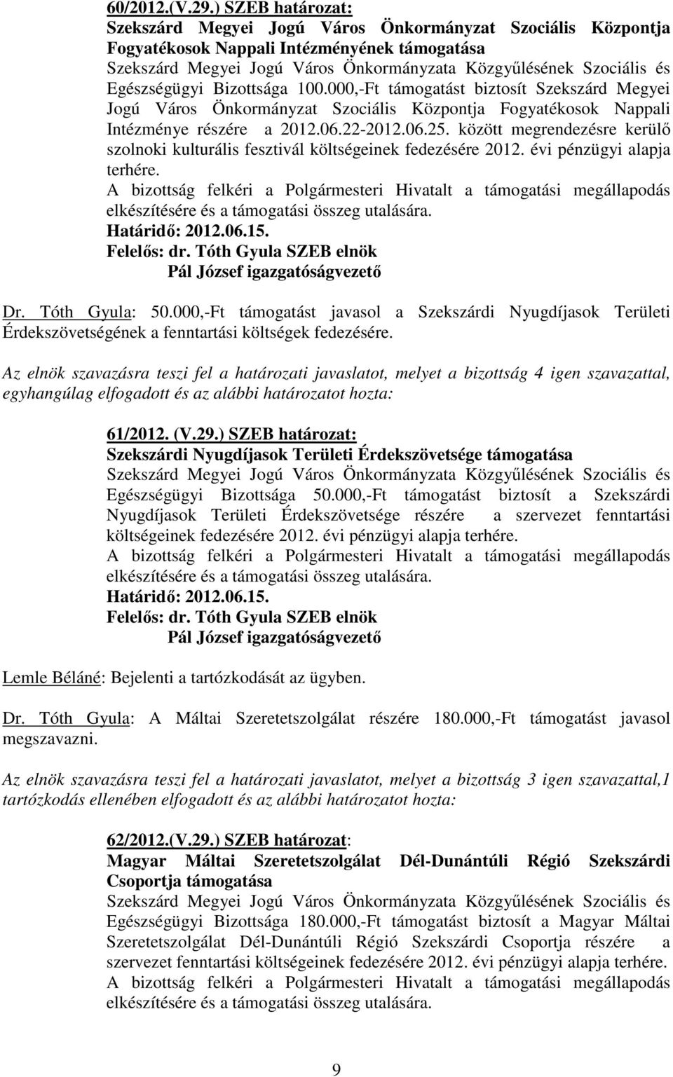 között megrendezésre kerülı szolnoki kulturális fesztivál költségeinek fedezésére 2012. évi pénzügyi alapja terhére. Dr. Tóth Gyula: 50.