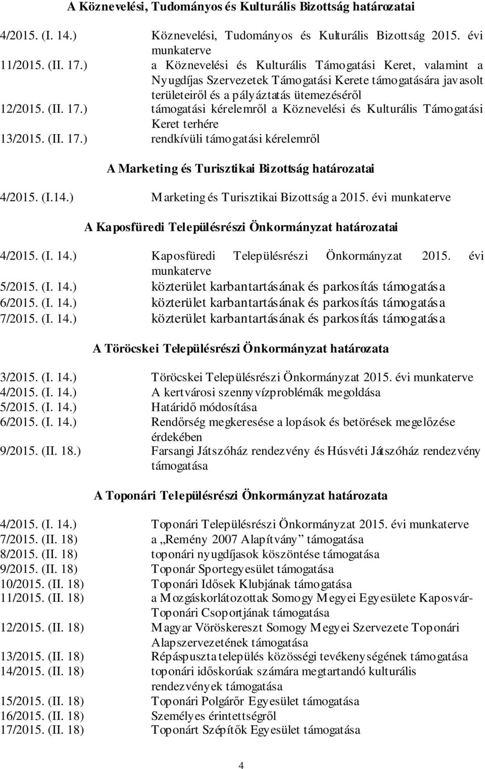 ) támogatási kérelemről a Köznevelési és Kulturális Támogatási Keret terhére 13/2015. (II. 17.) rendkívüli támogatási kérelemről A Marketing és Turisztikai Bizottság határozatai 4/2015. (I.14.