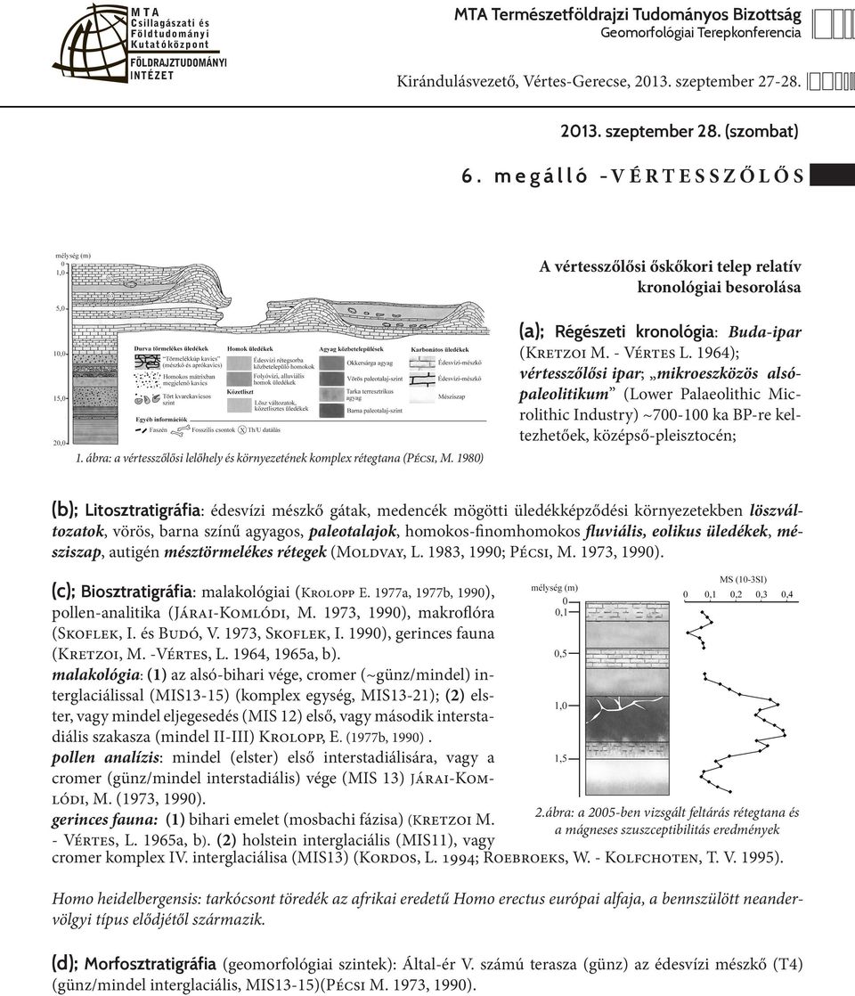 1964); vértesszőlősi ipar; mikroeszközös alsópaleolitikum (Lower Palaeolithic Microlithic Industry) ~700-100 ka BP-re keltezhetőek, középső-pleisztocén; (b); Litosztratigráfia: édesvízi mészkő gátak,