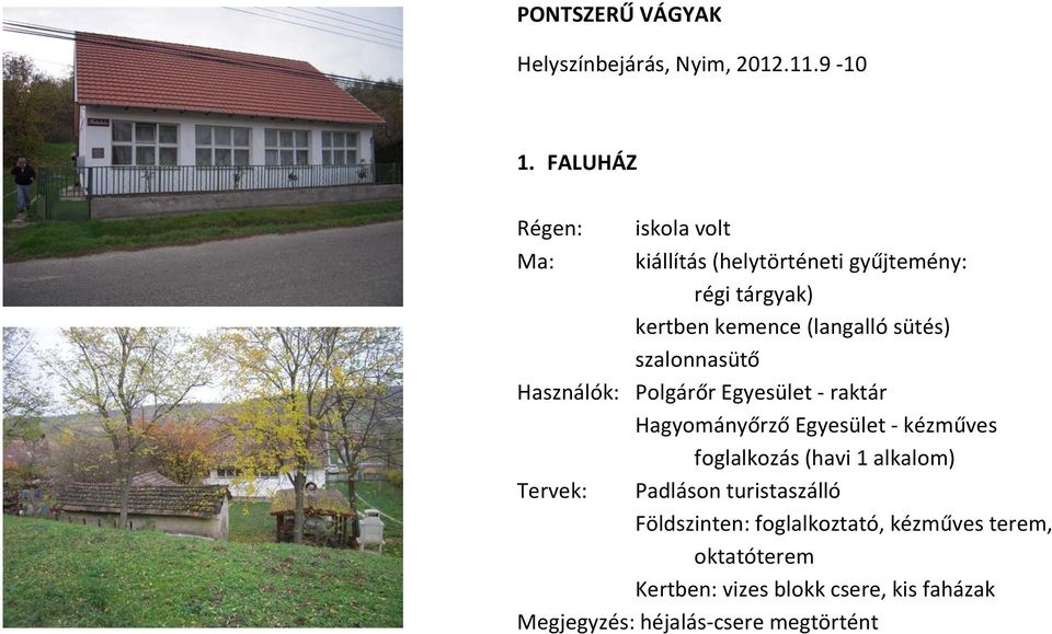 sütés) szalonnasütő Használók: Polgárőr Egyesület - raktár Hagyományőrző Egyesület - kézműves foglalkozás (havi