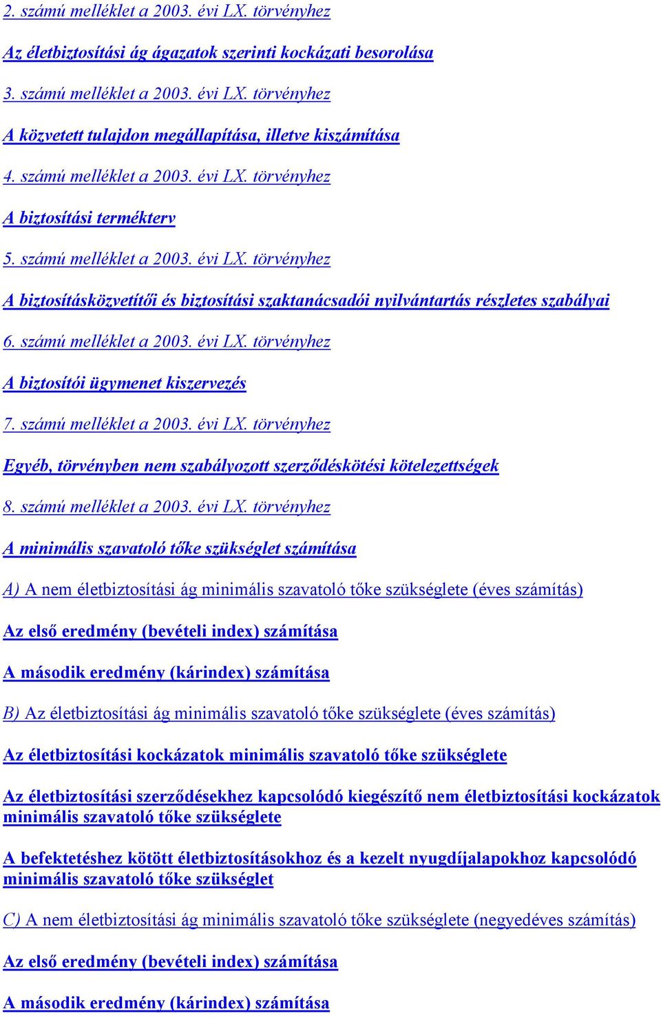 számú melléklet a 2003. évi LX. törvényhez A biztosítói ügymenet kiszervezés 7. számú melléklet a 2003. évi LX. törvényhez Egyéb, törvényben nem szabályozott szerződéskötési kötelezettségek 8.